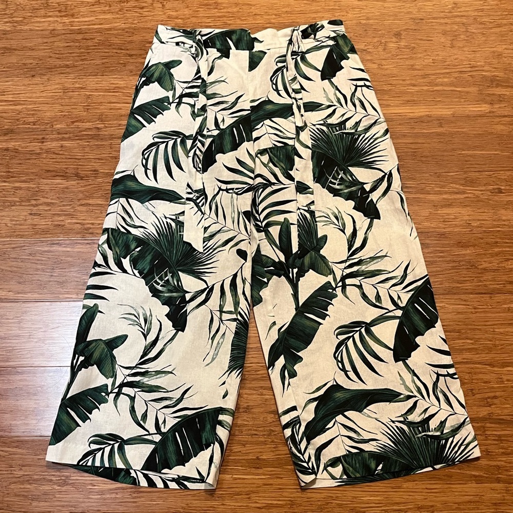 Joie Linen Blend Tropical Leaf Print Wide-Leg High-rise Cropped Pants. Size 10